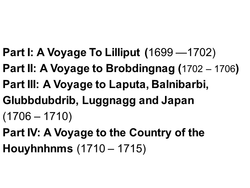 Part I: A Voyage To Lilliput (1699 —1702) Part II: A Voyage to Brobdingnag